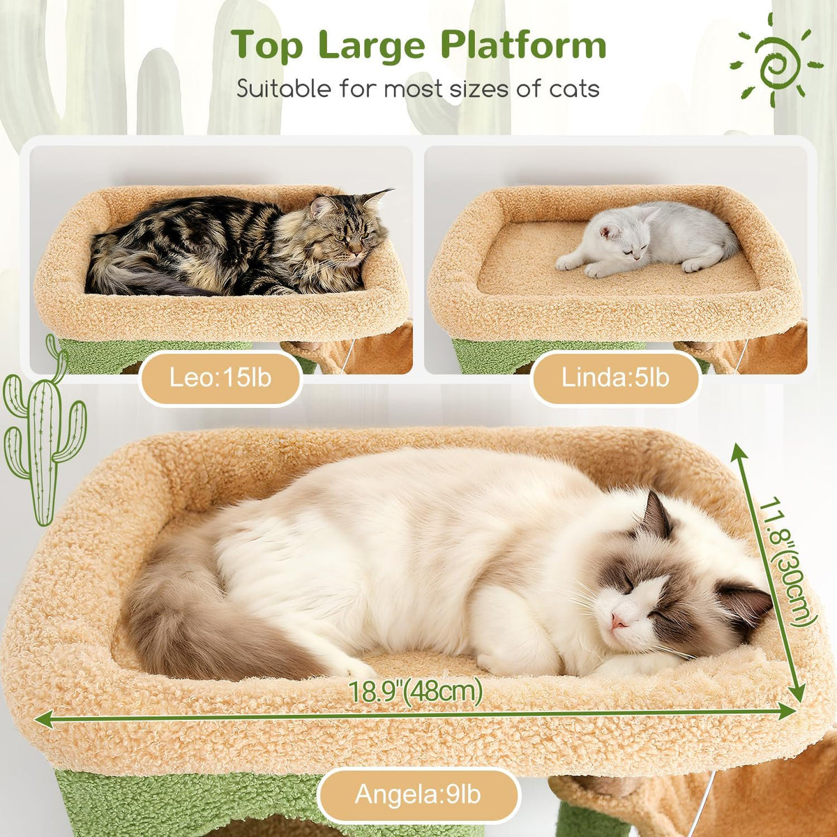66 inch Multi-Level Cactus Climbing Tower Kitty Condo with Large Platform, 3 Caves M68820