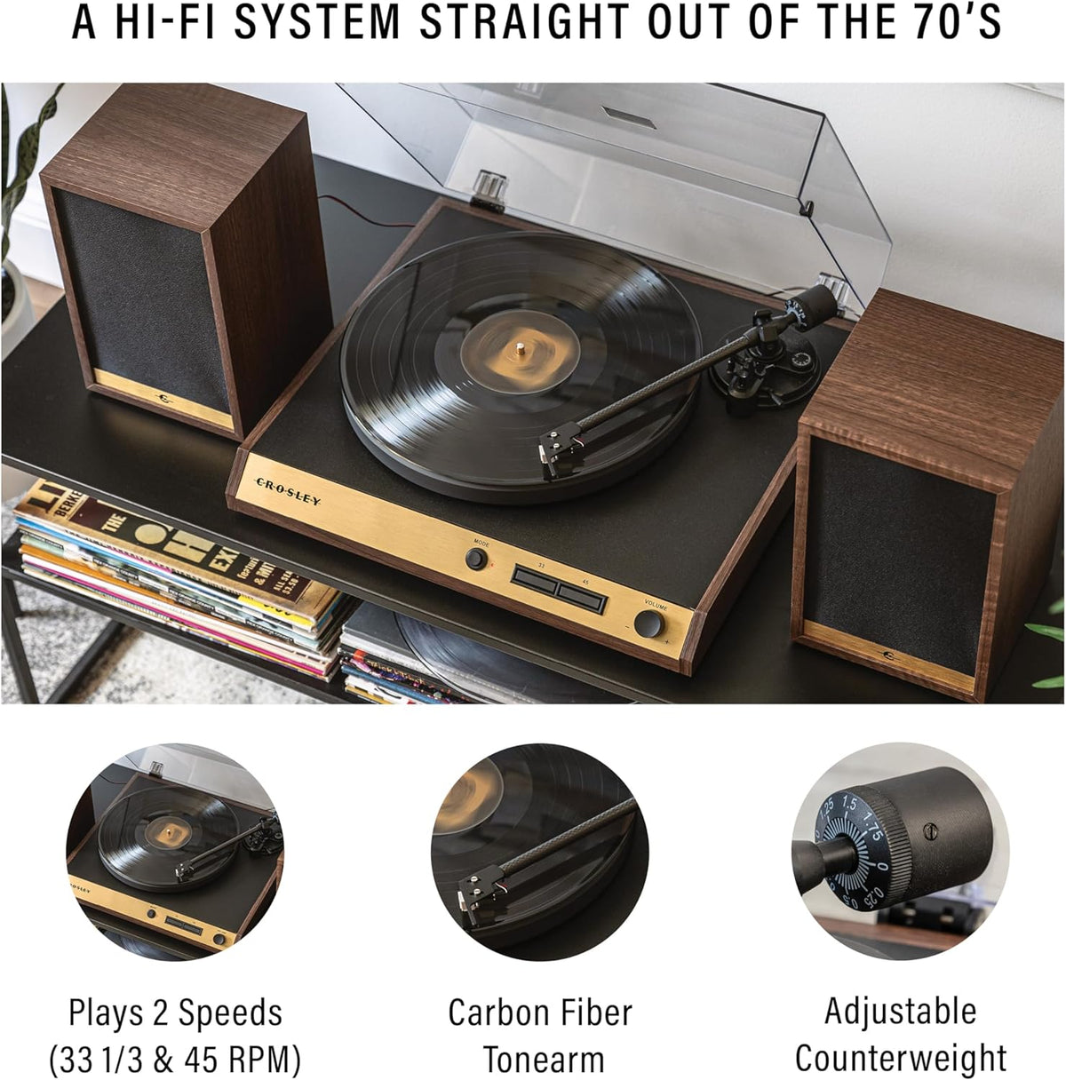 Walnut 2-Speed Belt-Drive Bluetooth Turntable with Speakers W644