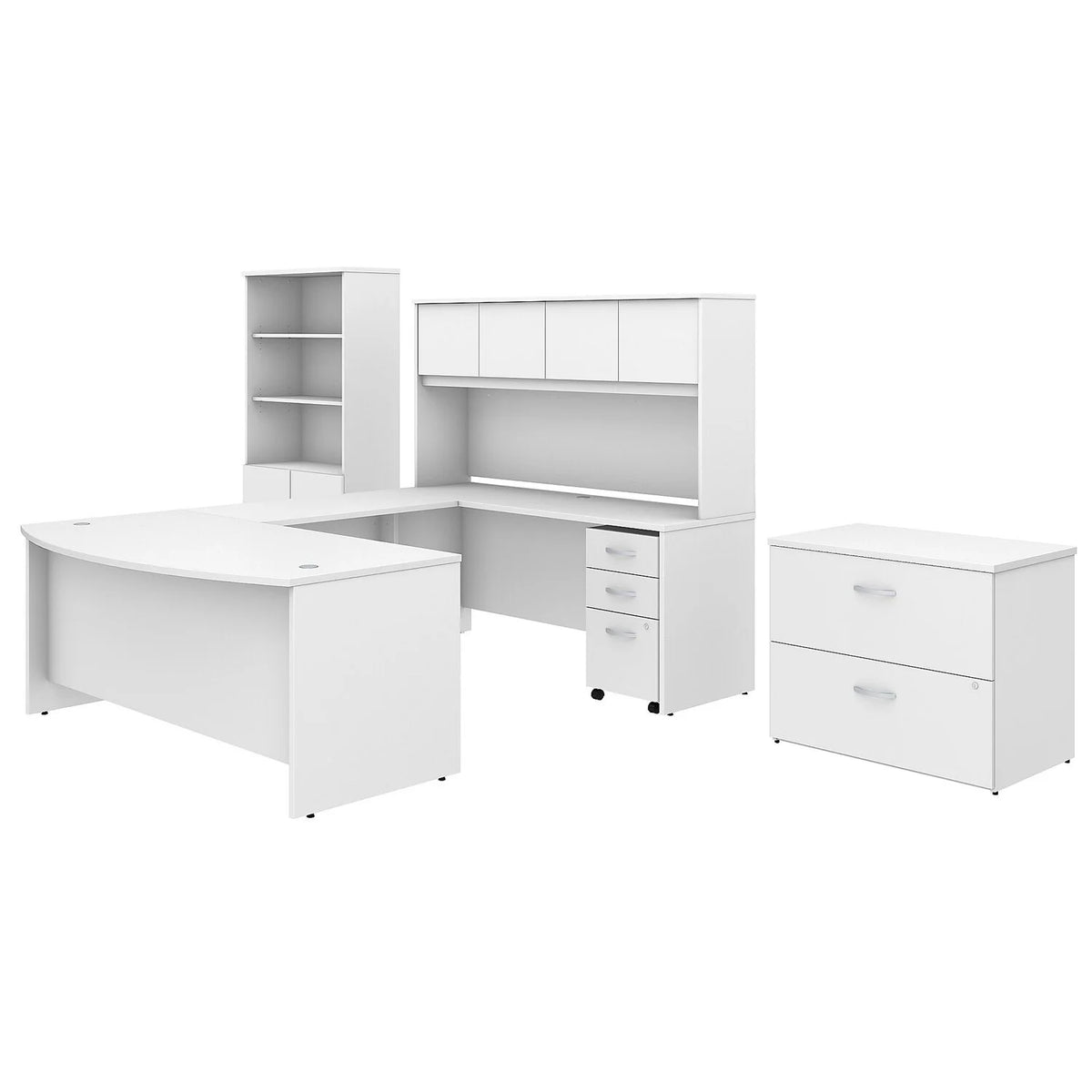 72W X 36D U Shaped Desk With Hutch, Bookcase And File Cabinets In White T6043