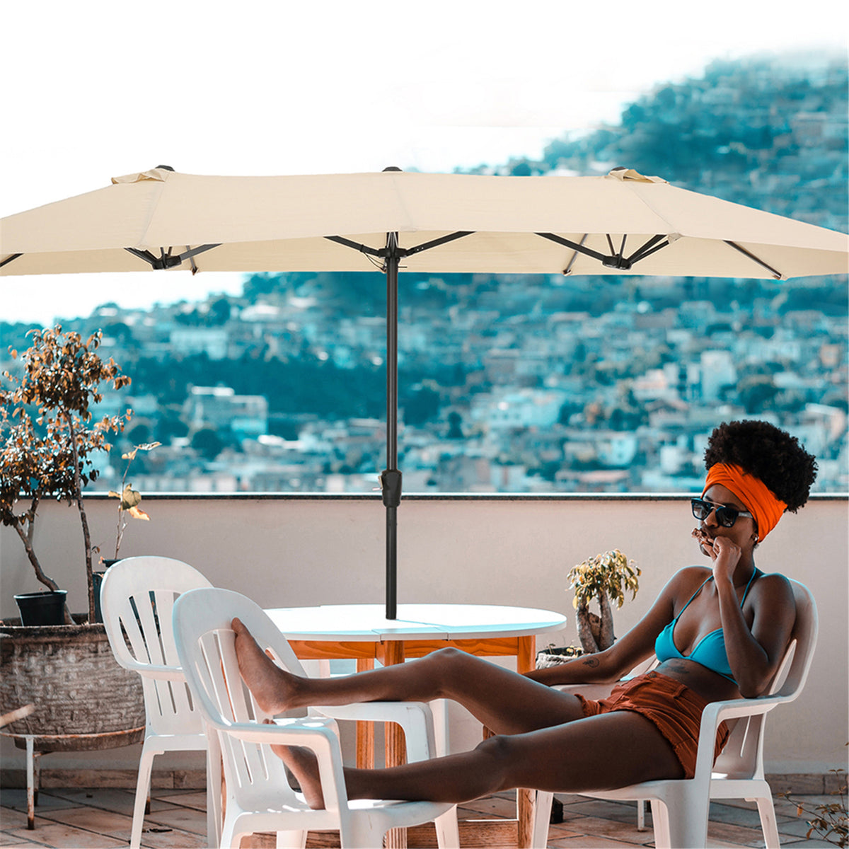 Tan Double-Sided Rectangular Patio Market Umbrella with Crank F7824