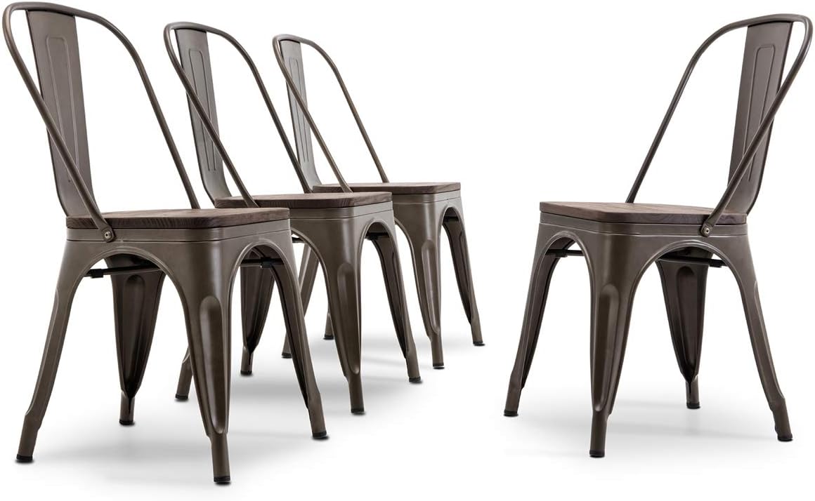 Set of 4 Stackable Metal Dining Chairs with Wood Seat F67303