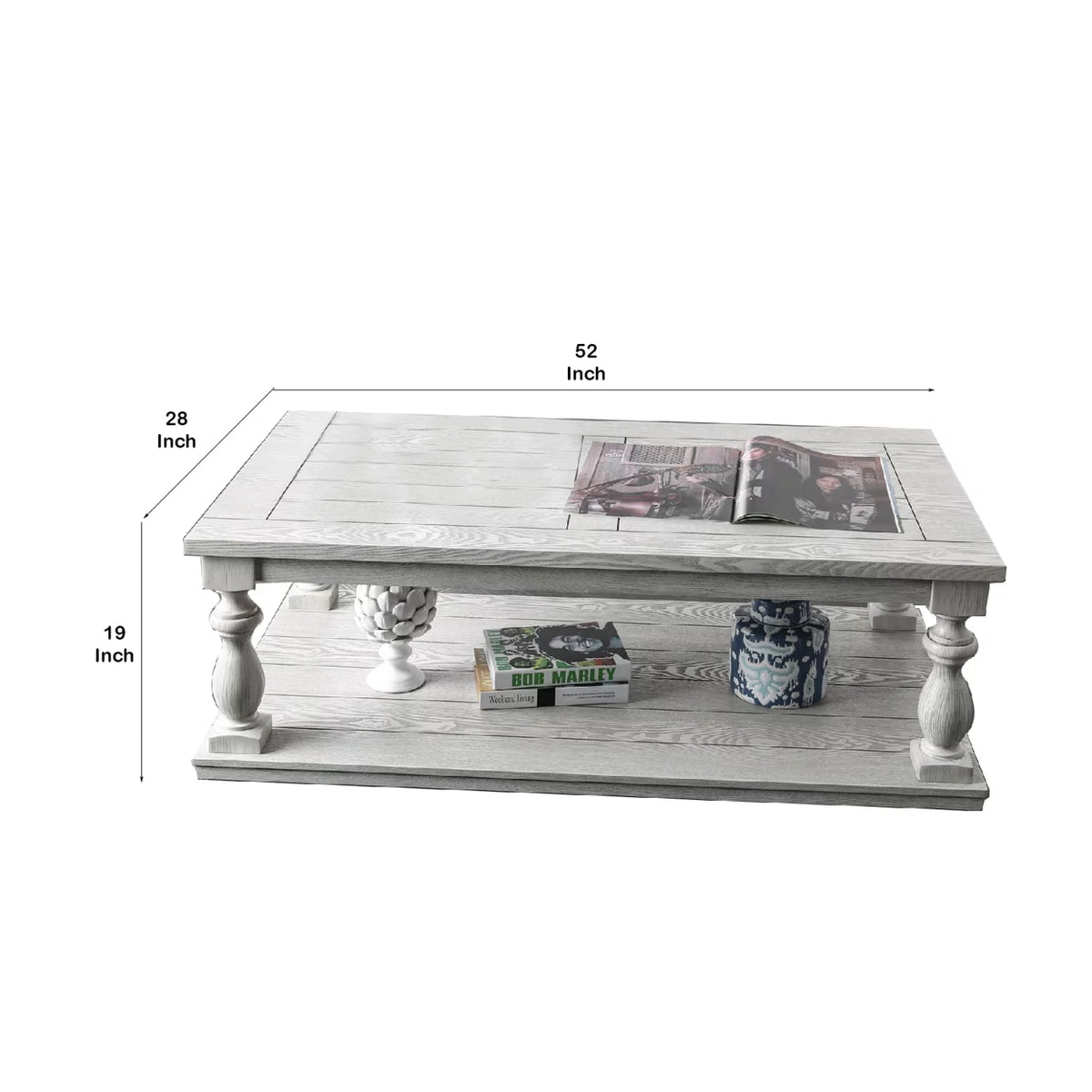 Antique White Plank Top Coffee Table with Open Shelf Q59691
