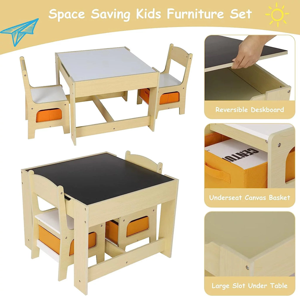 Wooden Kids Table and 2 Chairs Set with Storage U7606