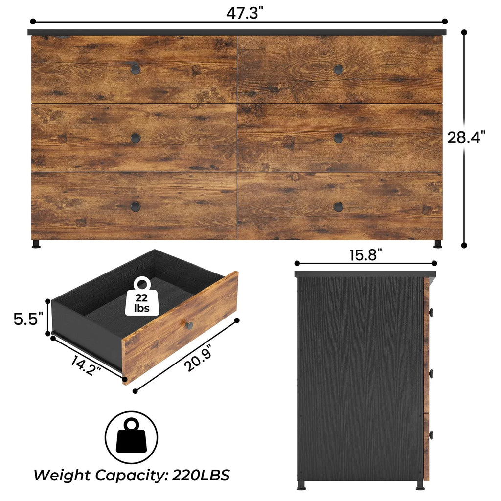 Brown 6 Drawer Wooden Dresser with Steel Frame Z4528