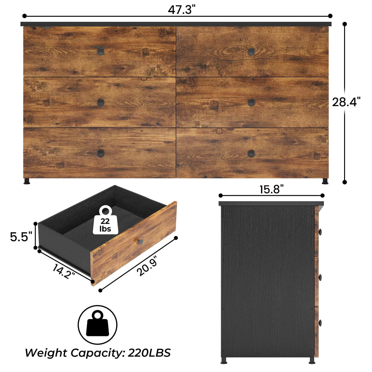 Brown 6 Drawer Wooden Dresser with Steel Frame Z4528