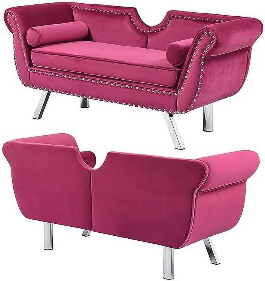 Velvet Ottoman Bench with Back and Silver Metal Legs H8066