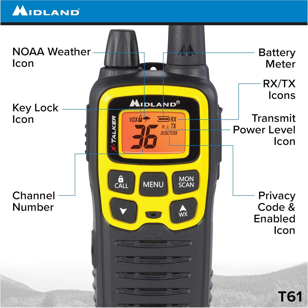 36 Channel FRS Two-Way Radio, 121 Privacy Codes, NOAA Weather Scan + Alert, Black/Yellow, 2-Pack D63218
