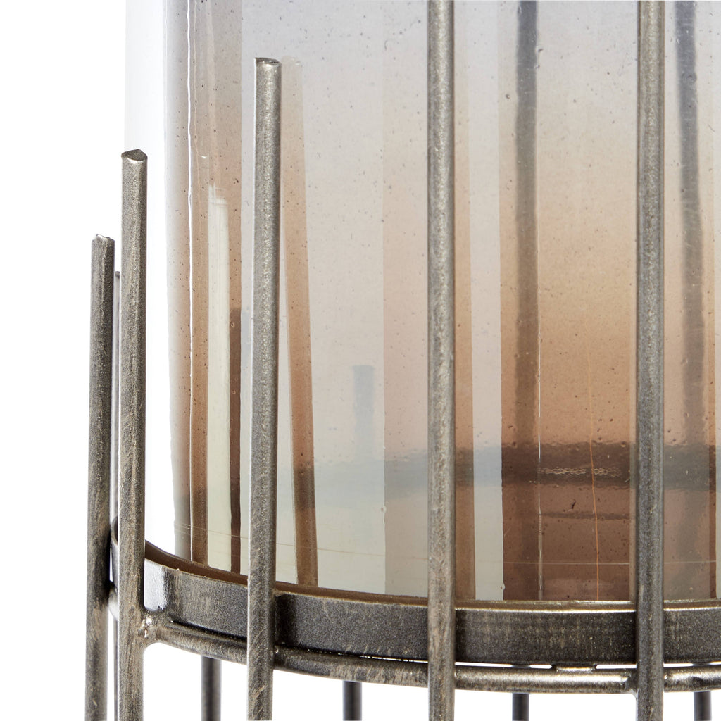 Multi Colored Glass Hurricane Candle Holder on Metal Stand V86499