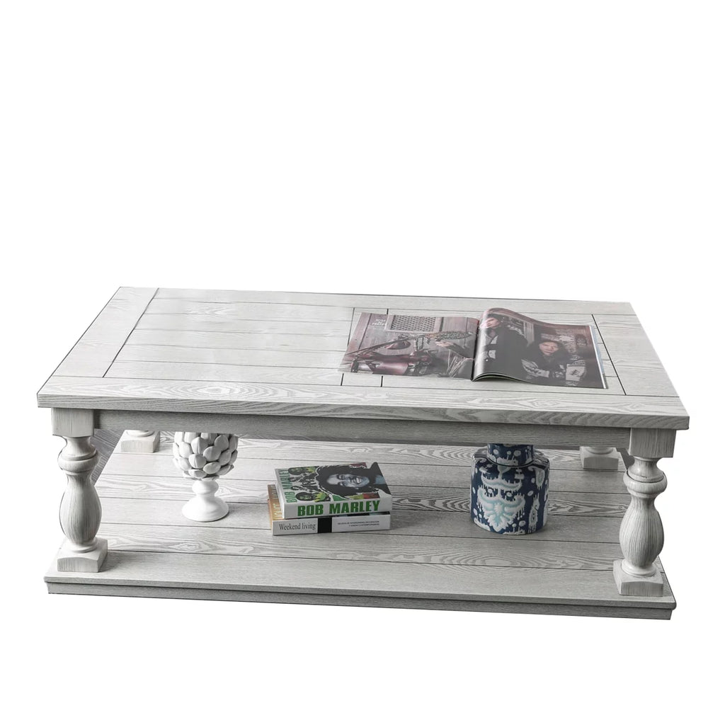 Antique White Plank Top Coffee Table with Open Shelf Q59691