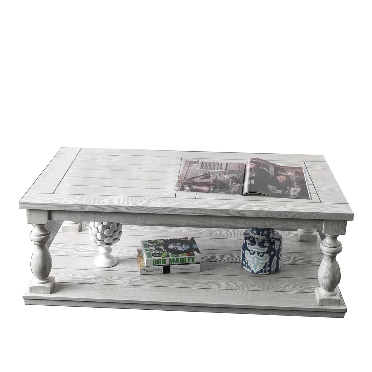 Antique White Plank Top Coffee Table with Open Shelf Q59691