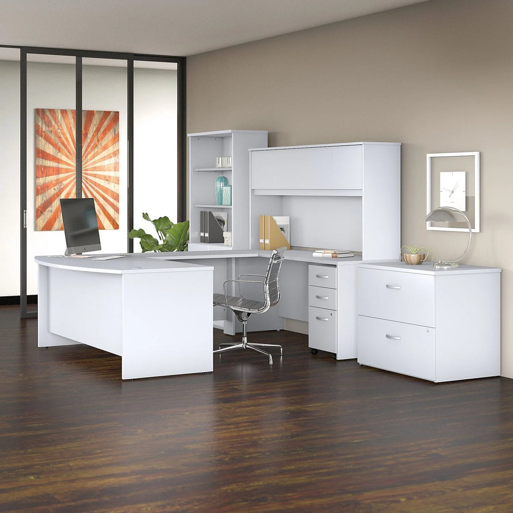 72W X 36D U Shaped Desk With Hutch, Bookcase And File Cabinets In White T6043