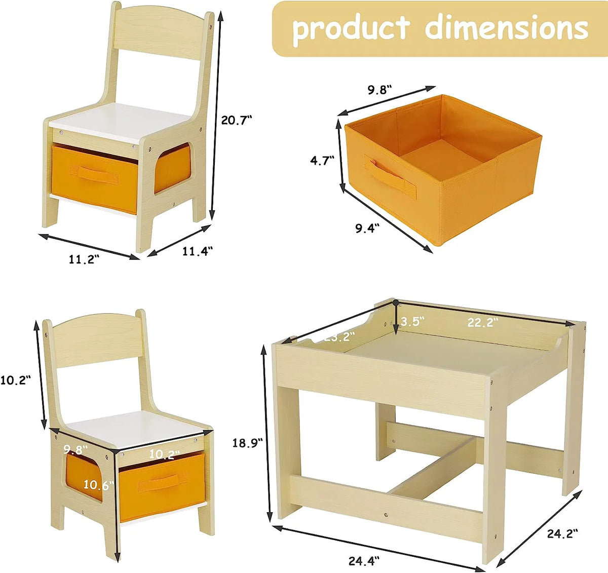 Wooden Kids Table and 2 Chairs Set with Storage U7606