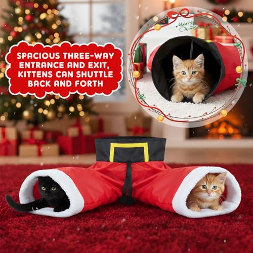 Christmas Cat Tunnel Tube with Balls, 3 Way Crinkle Paper Spring-Steel Frame D3671