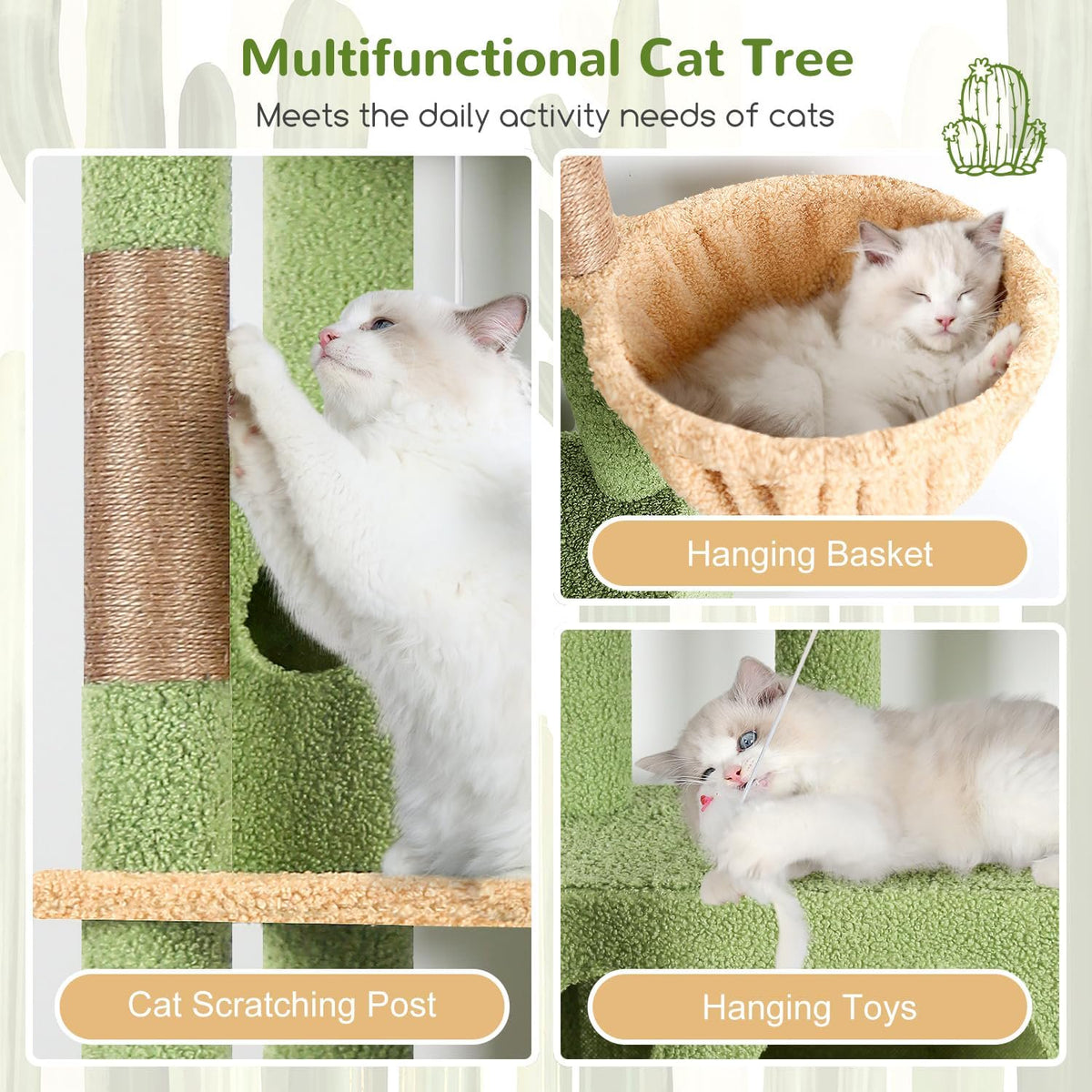 66 inch Multi-Level Cactus Climbing Tower Kitty Condo with Large Platform, 3 Caves M68820
