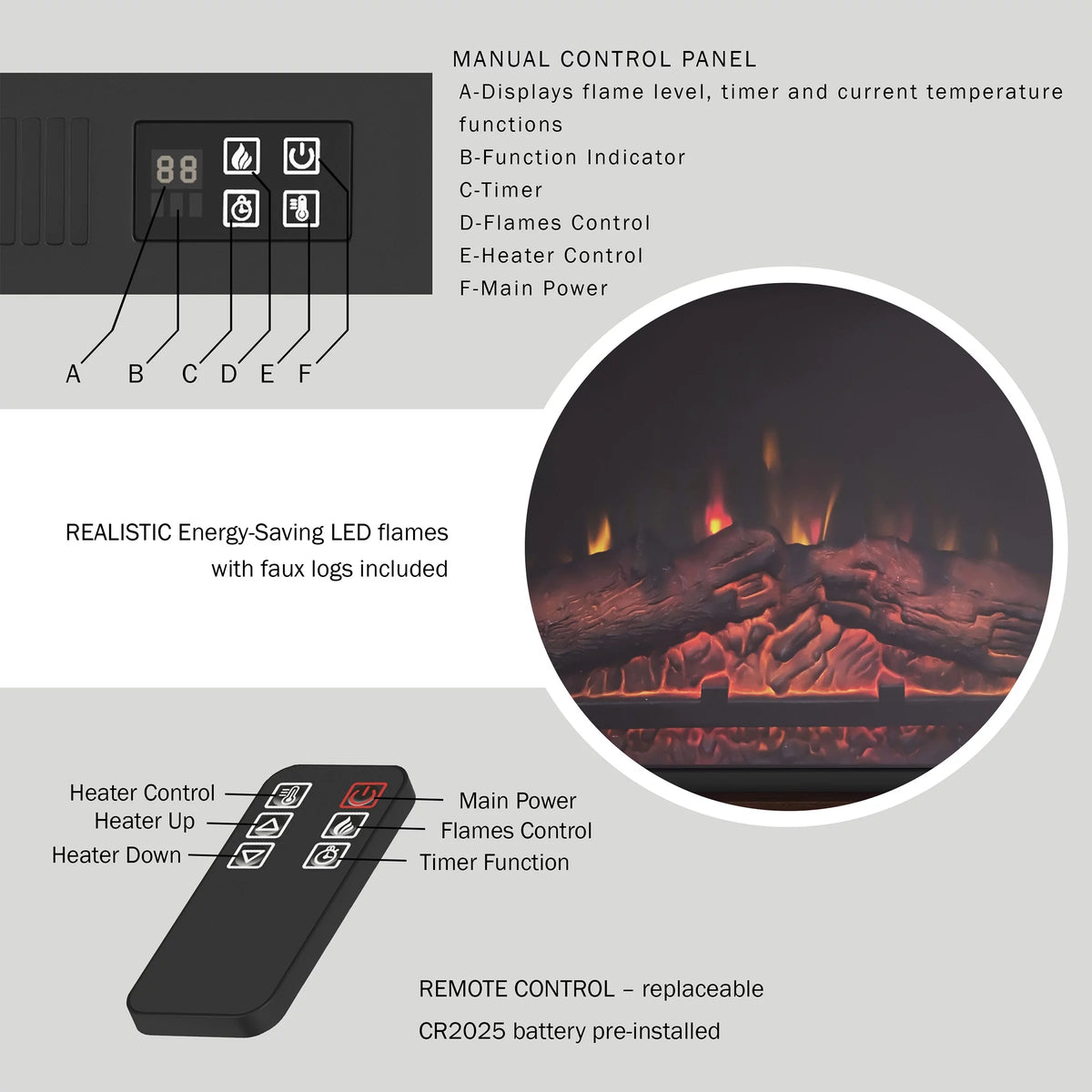 Brown Mobile Electric Fireplace with Mantel and Remote Control F3236