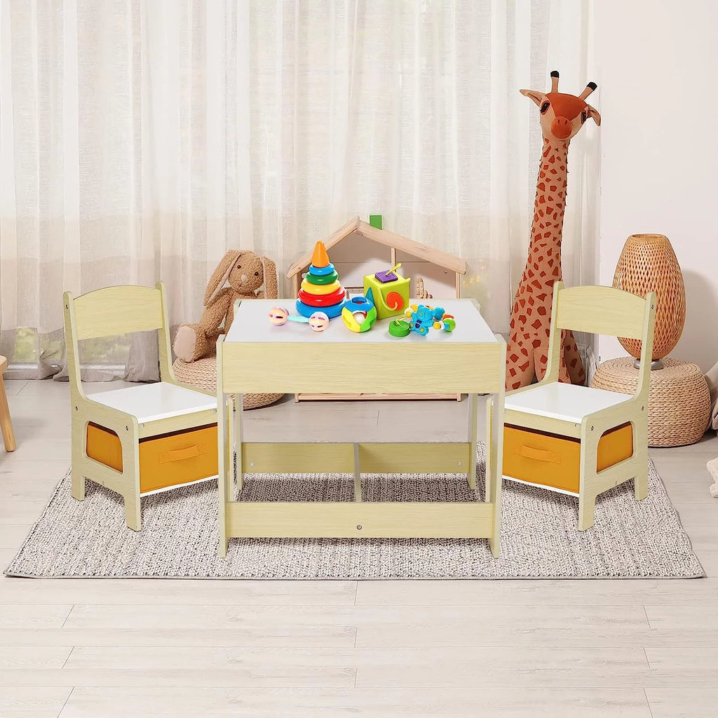 Wooden Kids Table and 2 Chairs Set with Storage U7606