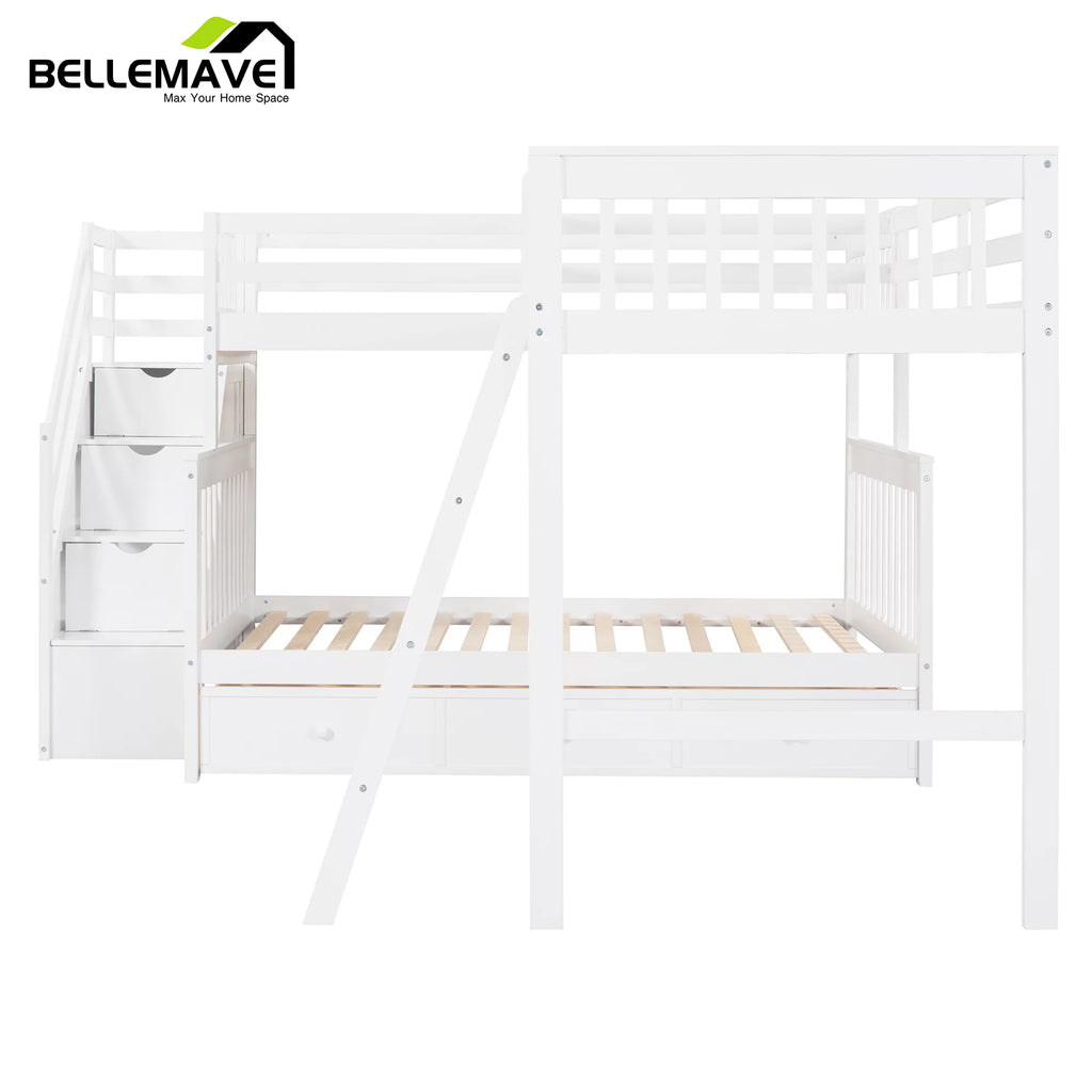 L-Shaped Twin over Full Size Bunk Beds with Storage Stairs and Drawers C862450