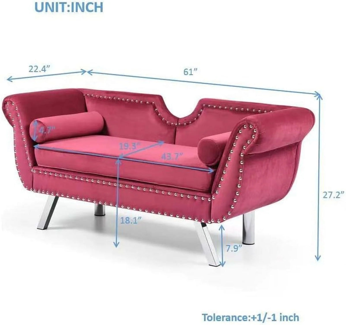 Velvet Ottoman Bench with Back and Silver Metal Legs H8066