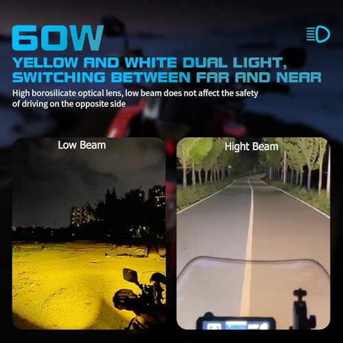 Motorcycle Auxiliary LED Light Kit Driving Spotlights White/Amber Fog Light with Mount Brackets Wire Harness Waterproof 60W Offroad Work Lights (Black) D959627
