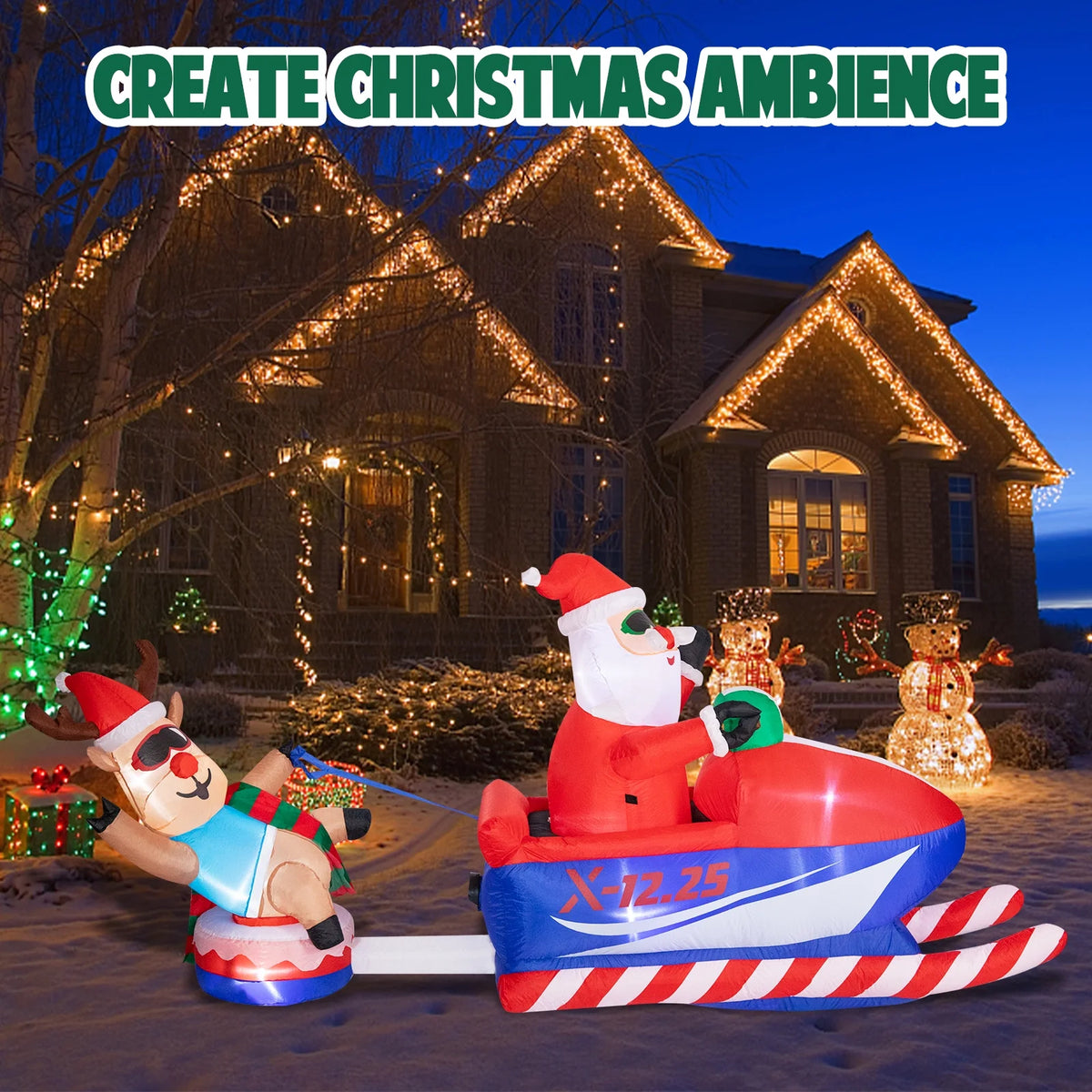Snowmobile Santa Claus and Reindeer Sleigh Inflatable with LED I814