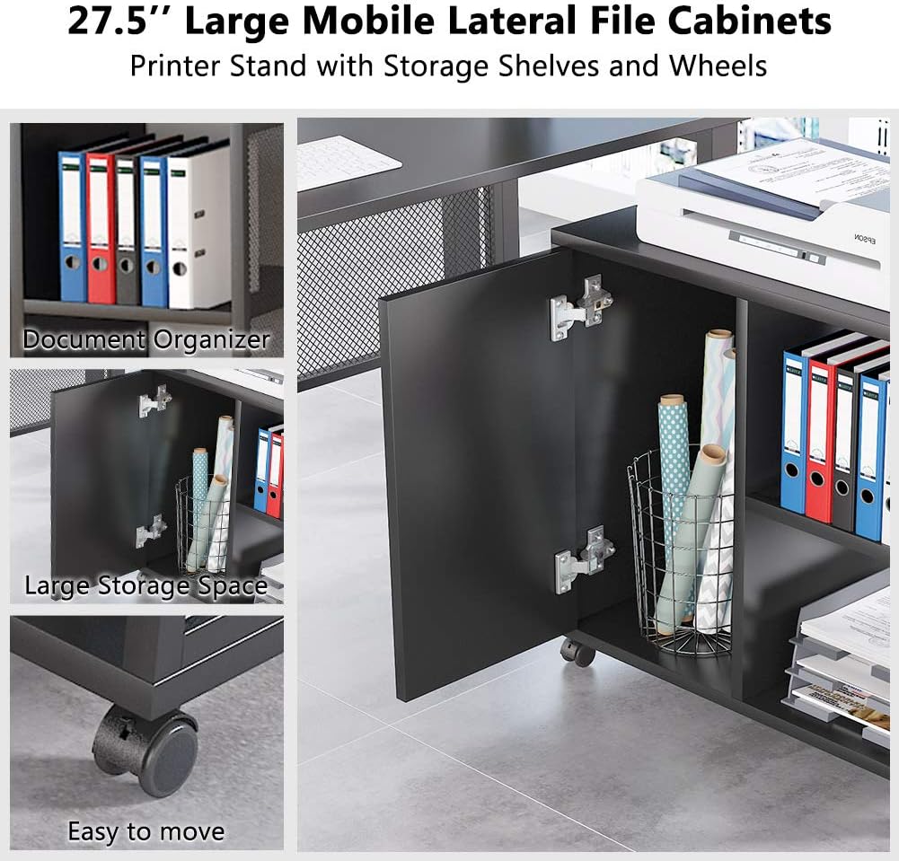 Black 55 inch L-Shaped Computer Desk with File Cabinet D308