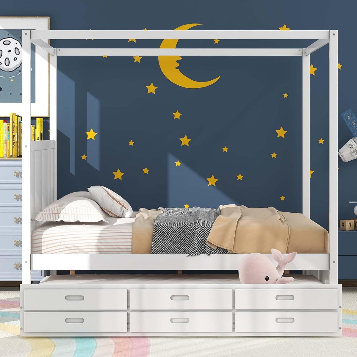White Queen Size Wood Canopy Platform Bed with Twin Size Trundle Bed and 3 Storage Drawers L64784
