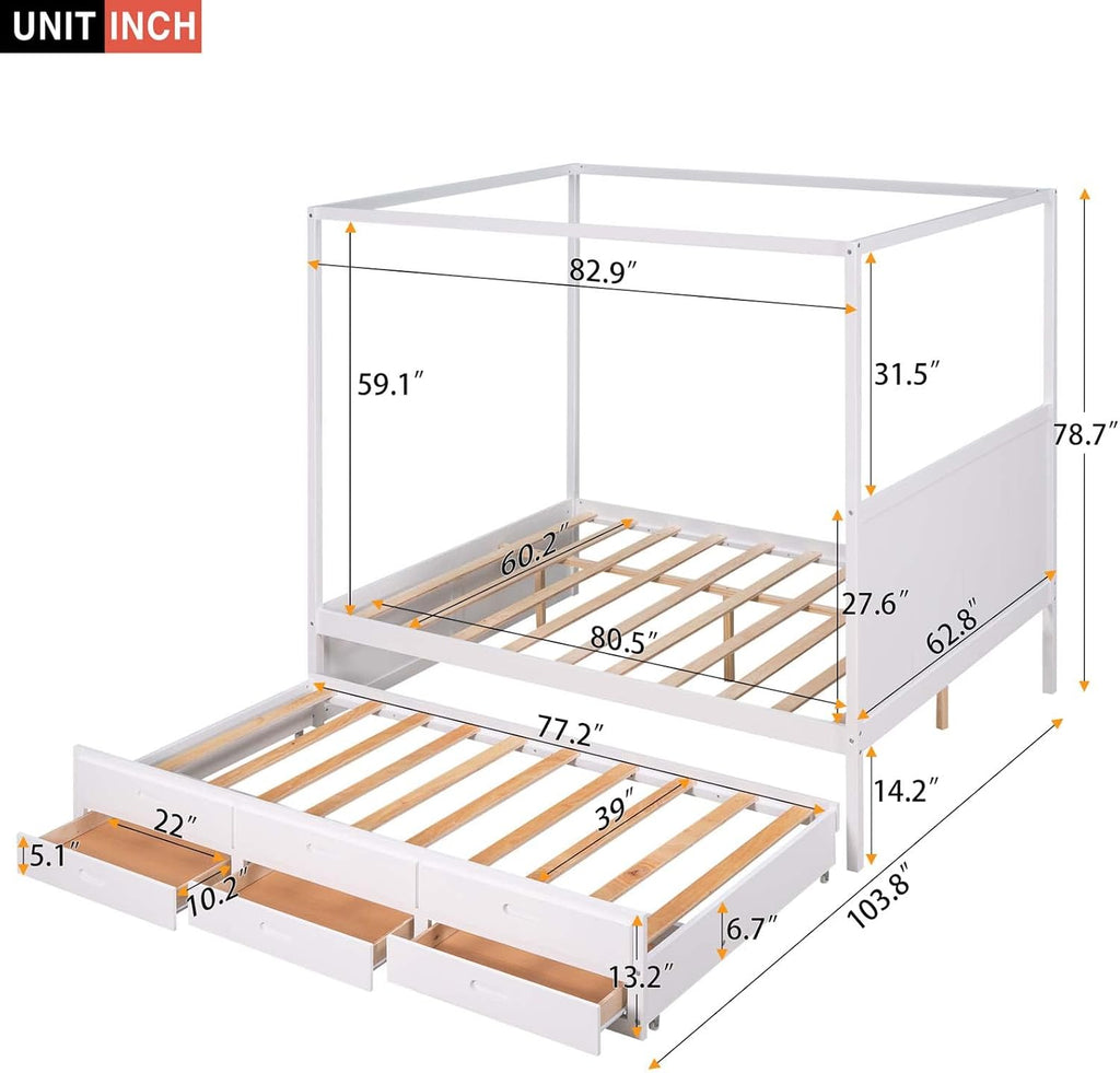 White Queen Size Wood Canopy Platform Bed with Twin Size Trundle Bed and 3 Storage Drawers L64784