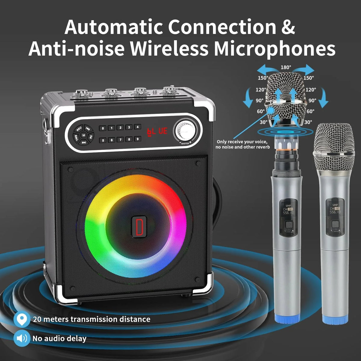 Karaoke Machine with 2 Wireless Microphones, Bluetooth Speaker W2977