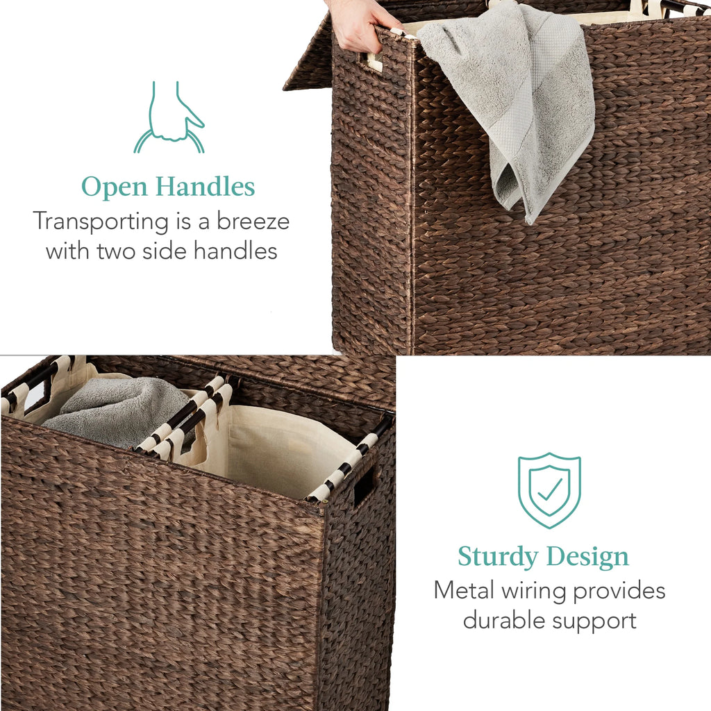 Large Natural Water Hyacinth Double Laundry Hamper Basket with 2 Liner Bags O227047