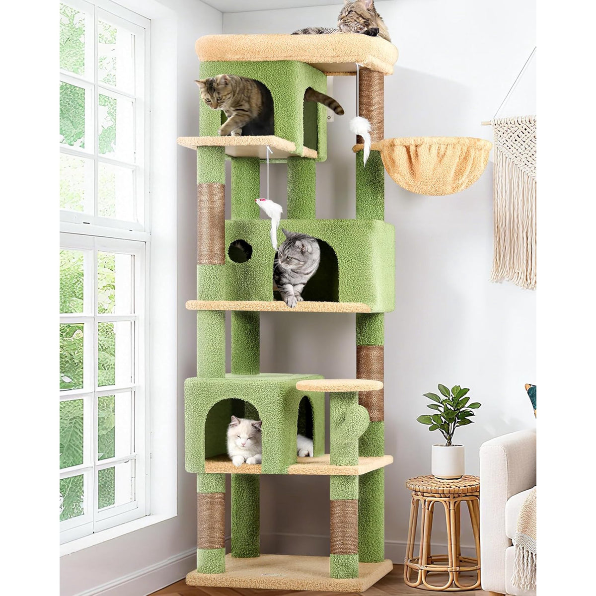 66 inch Multi-Level Cactus Climbing Tower Kitty Condo with Large Platform, 3 Caves M68820