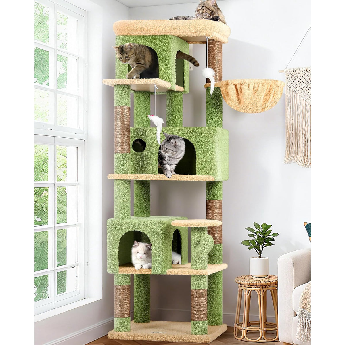 66 inch Multi-Level Cactus Climbing Tower Kitty Condo with Large Platform, 3 Caves M68820