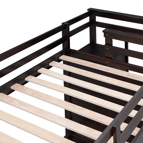 Full Over Full Wood Bunk Bed with Twin Trundle and Stairs, Espresso S97277