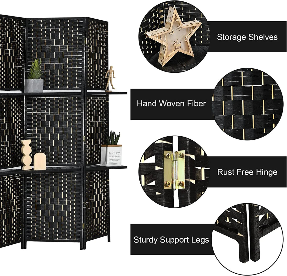 6Ft 6 Panel Hand-Woven Rattan Room Divider with Shelves M109