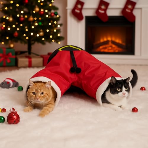 Christmas Cat Tunnel Tube with Balls, 3 Way Crinkle Paper Spring-Steel Frame D3671