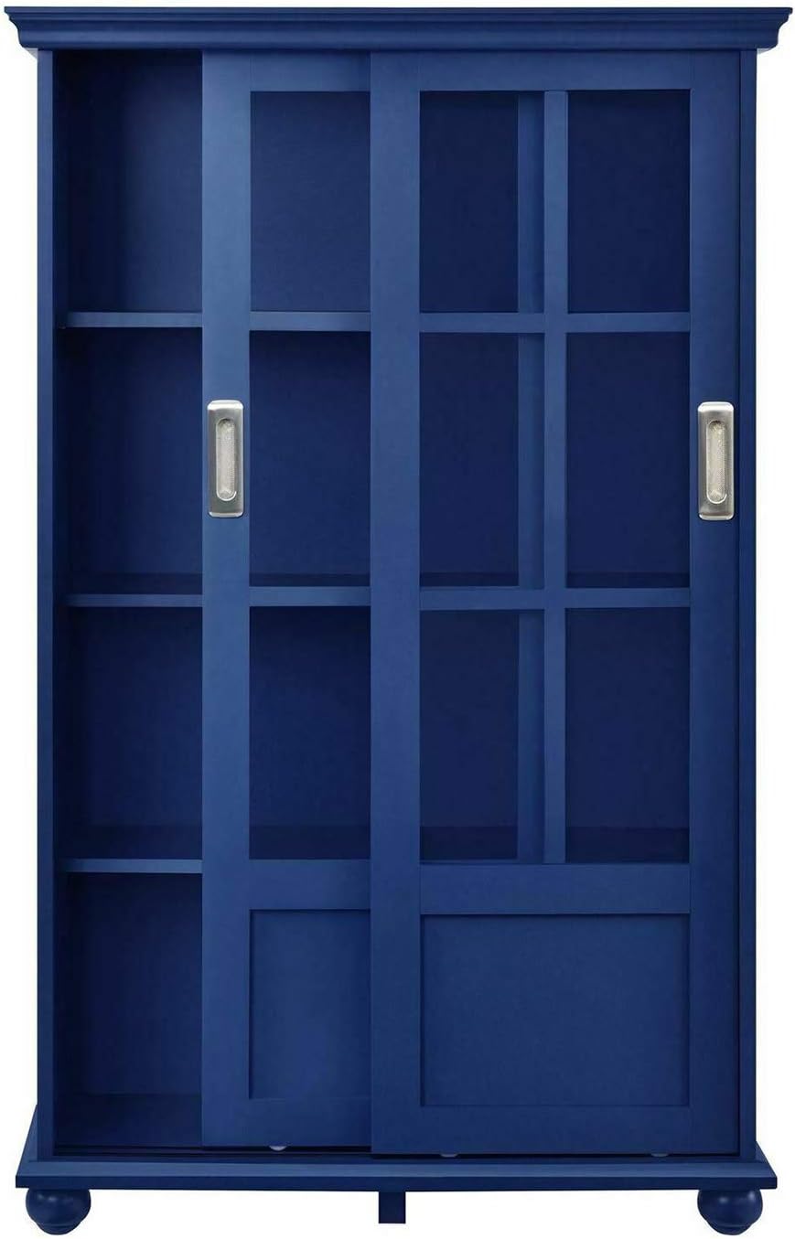Navy Blue 4 Shelves Wooden Bookcase with Glass Door W98473
