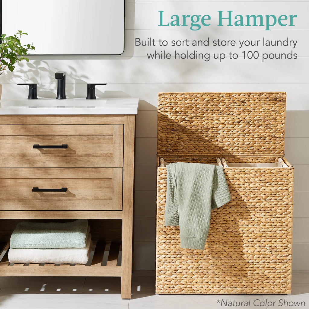 Large Natural Water Hyacinth Double Laundry Hamper Basket with 2 Liner Bags O227047