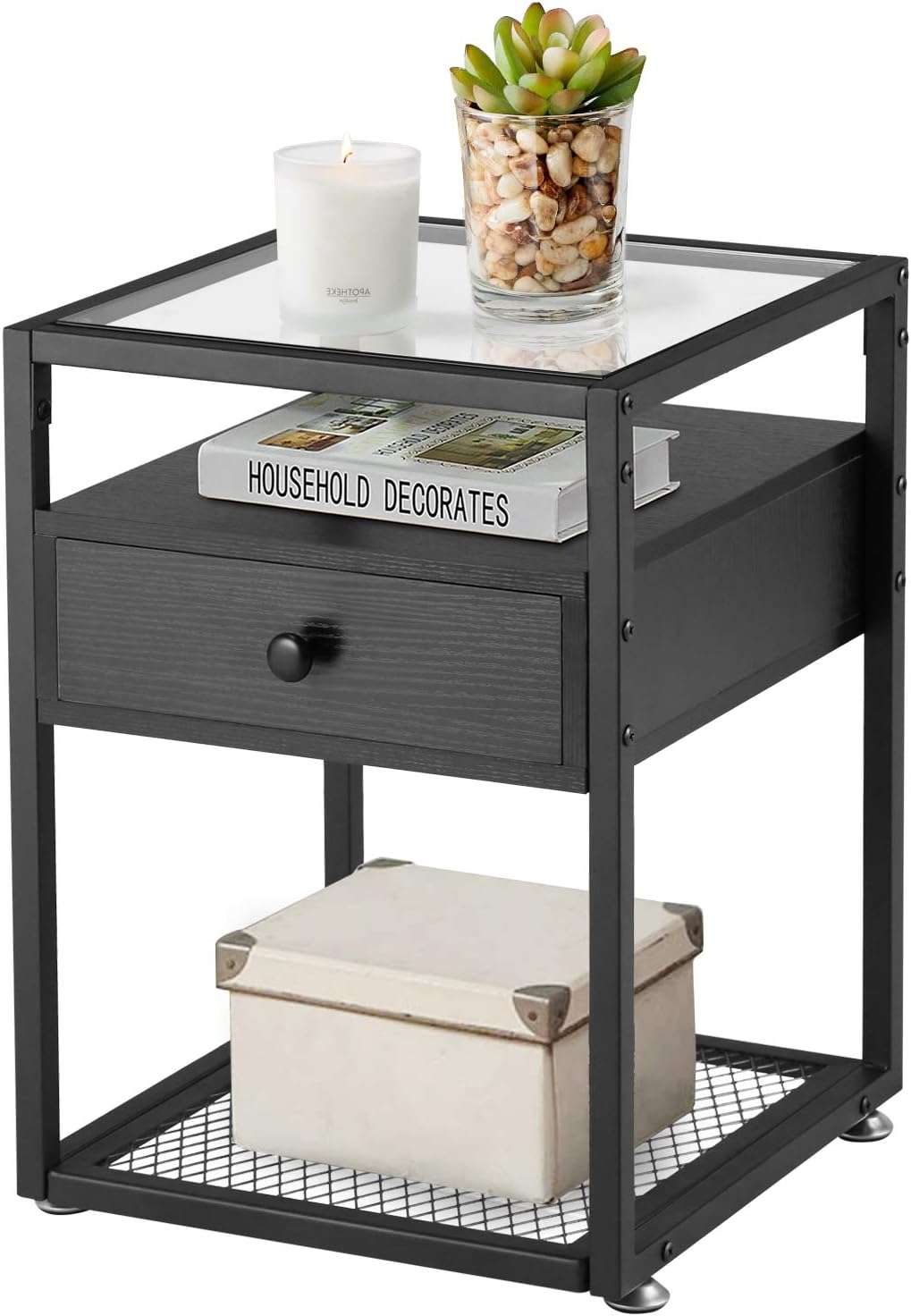 Black Nightstand with Drawer and Shelf T4770