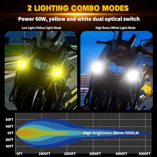 Motorcycle Auxiliary LED Light Kit Driving Spotlights White/Amber Fog Light with Mount Brackets Wire Harness Waterproof 60W Offroad Work Lights (Black) D959627
