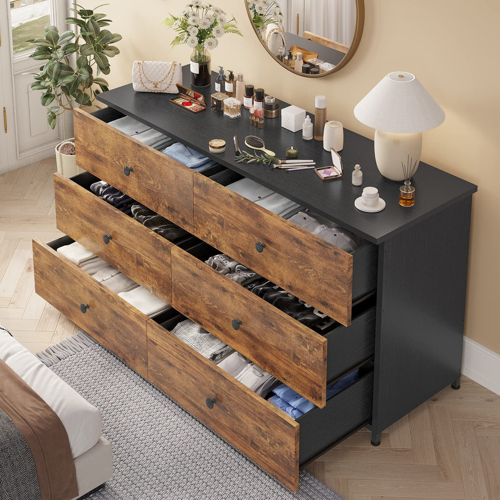 Brown 6 Drawer Wooden Dresser with Steel Frame Z4528