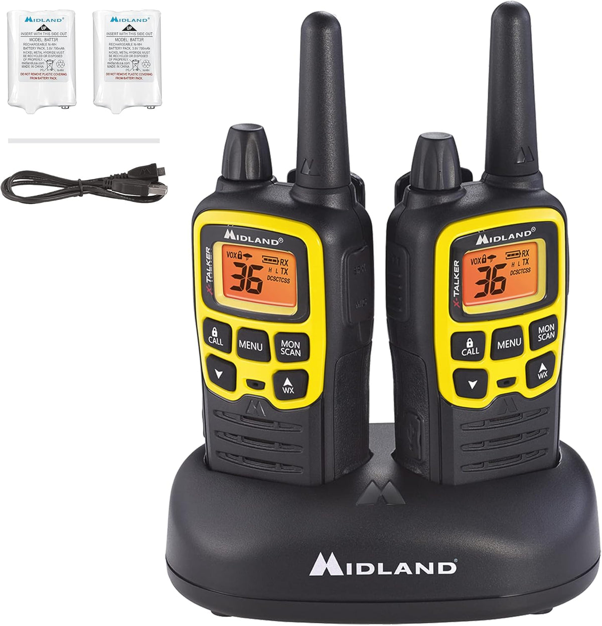 36 Channel FRS Two-Way Radio, 121 Privacy Codes, NOAA Weather Scan + Alert, Black/Yellow, 2-Pack D63218