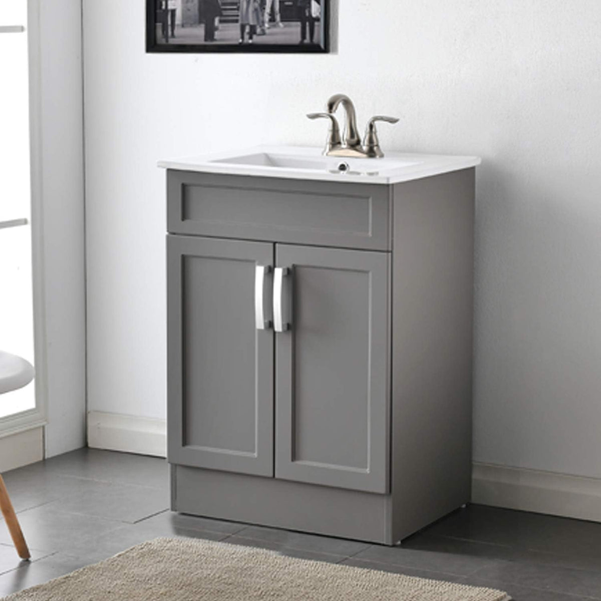 24 Matte White Bathroom Vanity with Ceramic Vessel Sink D4319