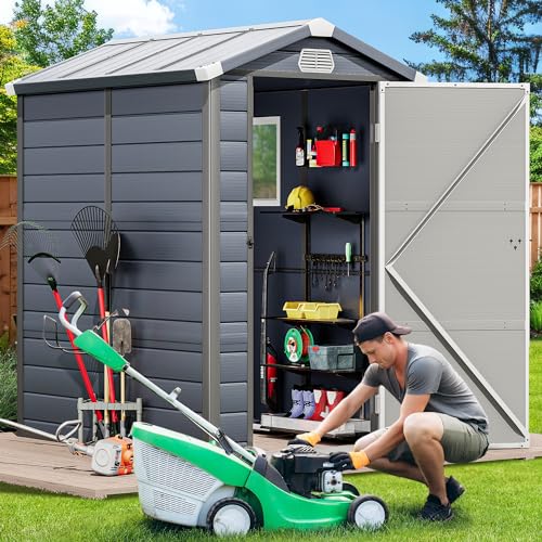 Light Gray Resin Tool Shed, 36 Cu Ft Outdoor Horizontal Storage with Air Vent and Lockable Doors H59520