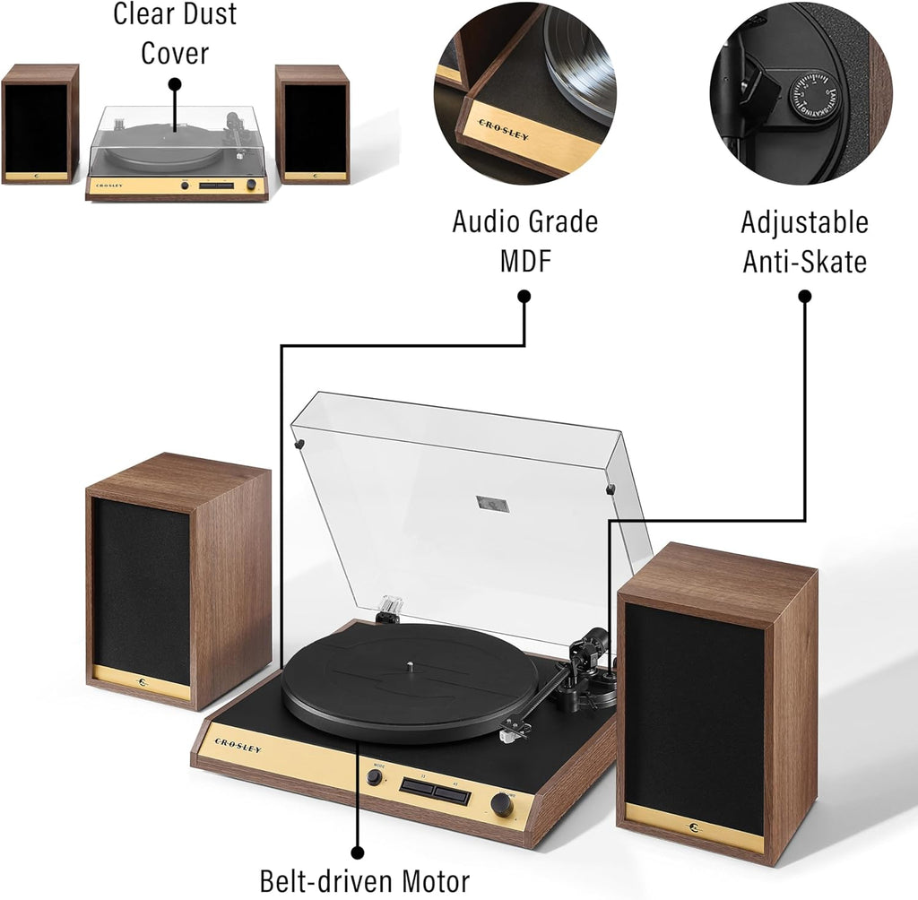 Walnut 2-Speed Belt-Drive Bluetooth Turntable with Speakers W644