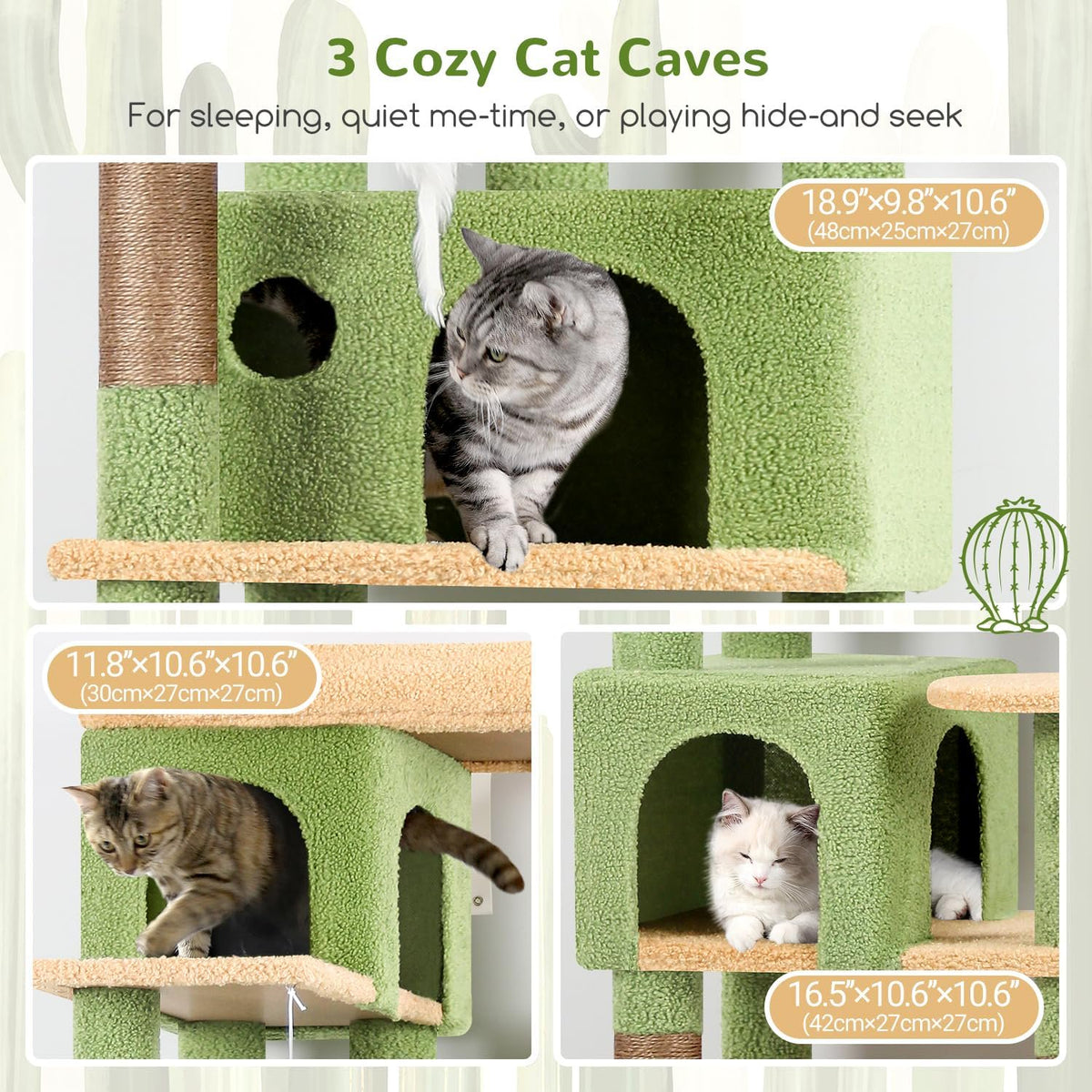 66 inch Multi-Level Cactus Climbing Tower Kitty Condo with Large Platform, 3 Caves M68820