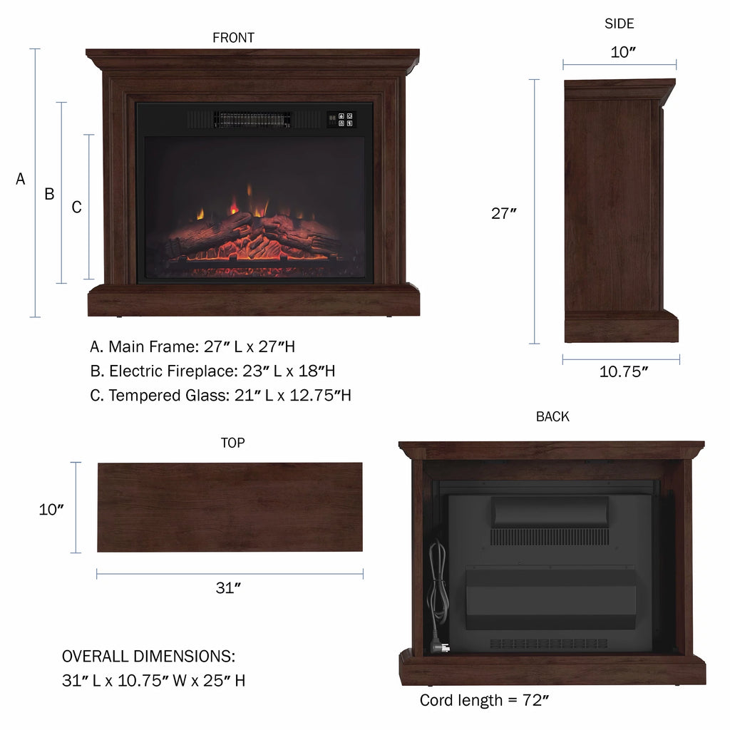 Brown Mobile Electric Fireplace with Mantel and Remote Control F3236