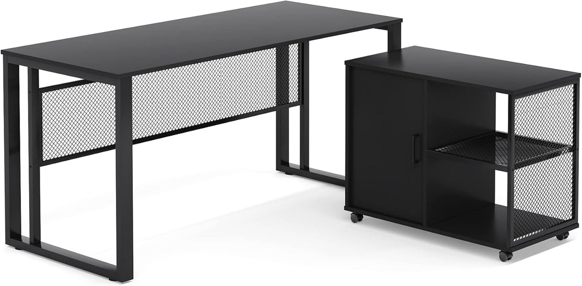 Black 55 inch L-Shaped Computer Desk with File Cabinet D308