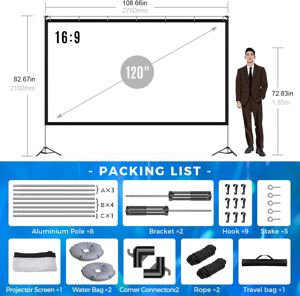 120 inch Portable Projector Screen with Stand and Carry Bag L92590