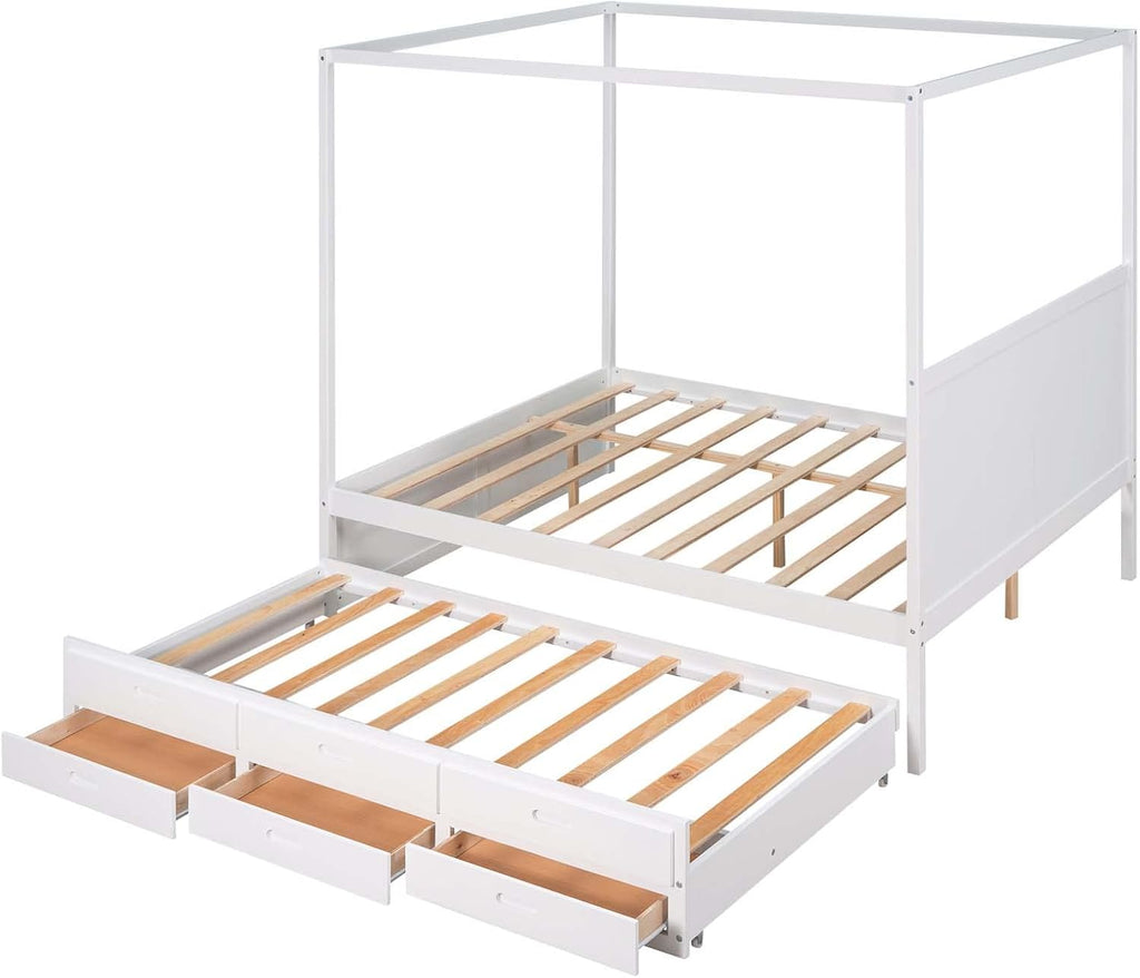 White Queen Size Wood Canopy Platform Bed with Twin Size Trundle Bed and 3 Storage Drawers L64784