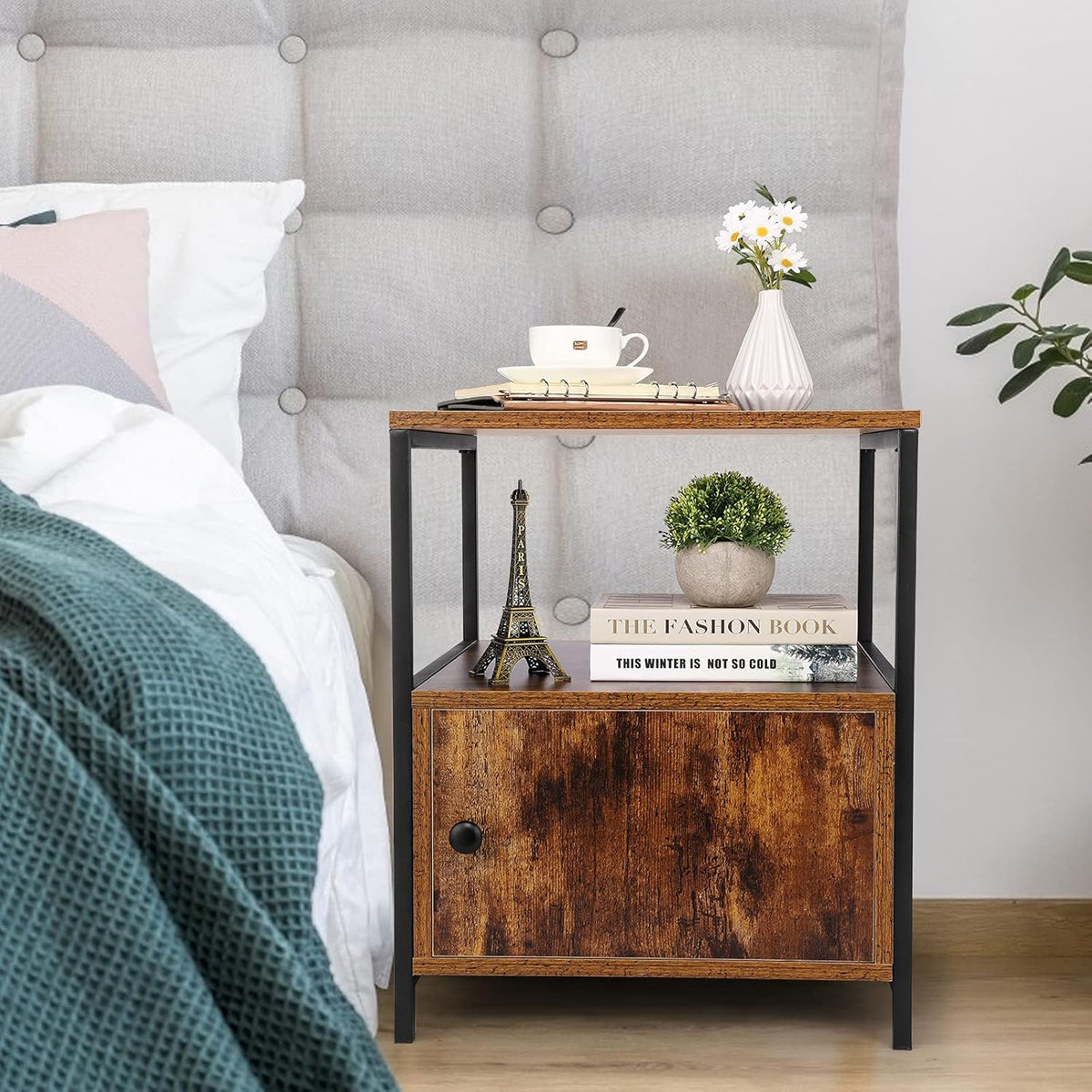 Industrial Bedside Table with Storage Cabinet and Open Shelves V559078