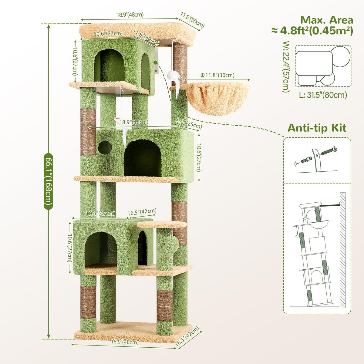 66 inch Multi-Level Cactus Climbing Tower Kitty Condo with Large Platform, 3 Caves M68820